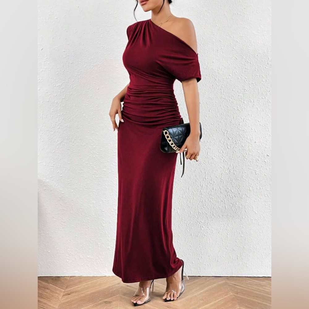 SHEIN Elegant Off-Shoulder Burgundy Dress